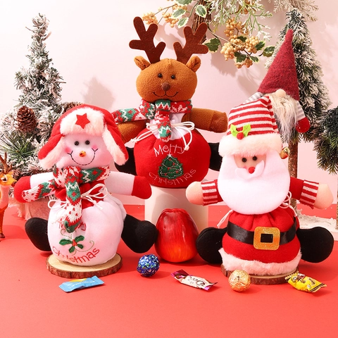 Christmas Gift Bags Plush Santa Snowman Reindeer Doll Drawstring Candy Pouch Holiday Party Favor Gift Packaging Decoration
