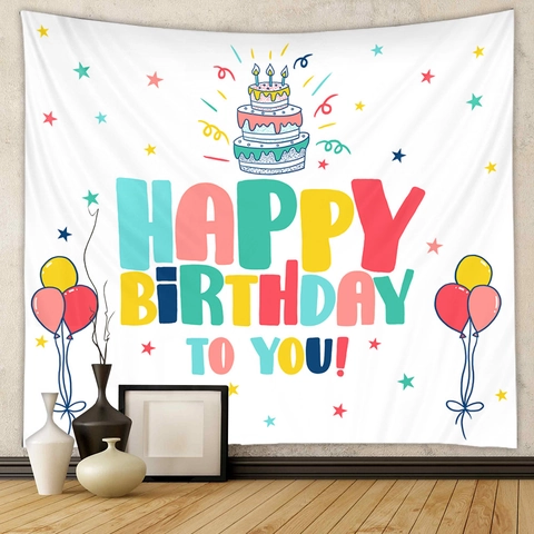 Birthday Party Backdrop Tapestry Polyester Cartoon Happy Birthday Pattern Wall Hanging Room Decor For Photography