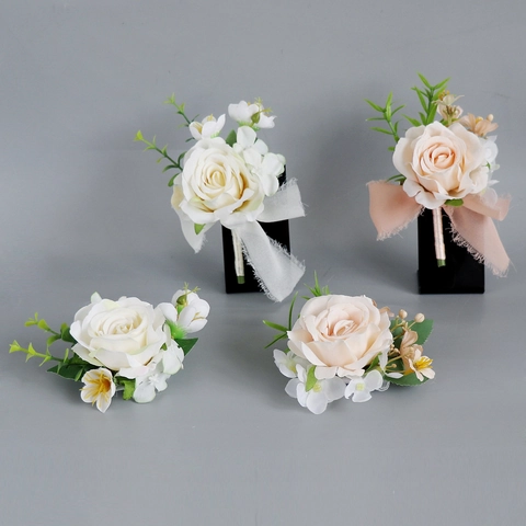 Artificial Satin Rose Boutonniere Wrist Corsage Elegant Handmade Ribbon Flower Accessories For Wedding Groom Bridesmaid