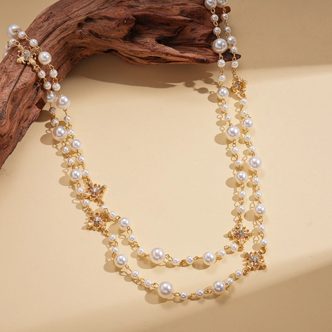 Collana Lunga Di Künstliche Perle A Doppio Strato Lega Croce Fiore Pendente Strass Vintage Elegante Catena Maglione Gioielli Per Donna