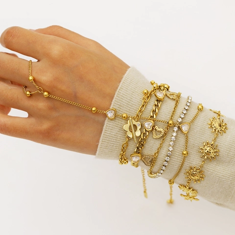 Bracciale In Acciaio Inossidabile Placcato Oro Per Donna Ciondoli Cuore Sole Fiore Zircone Gioielli Di Tendenza Stile Ins