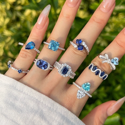 925 Sterling Silber Ringe Für Frauen Blau Herz Geometrisch Zirkon Elegant Romantisch Mode Schmuck Finger Accessoire