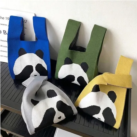 Cartoon Panda Tulip Knitted Handbag Women Japanese Style Knot Wrist Bag Polyester Crochet Pattern Soft Casual Mini Tote