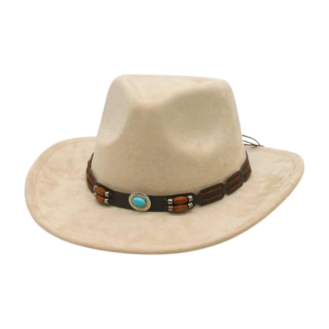 Cappello Da Cowboy Occidentale Da Donna Scamosciato Tesa Larga Stile Boho Rétro Con Fascia Decorativa In Turchese E Legno