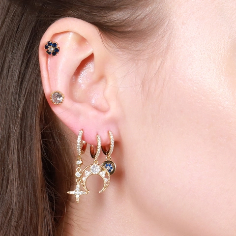 Orecchini Ottone Placcato Oro Zircone Blu Luna Stella Fiore Gioielli Boho Donne Con Perno In Argento Sterling 925