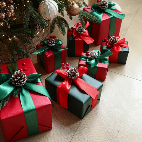 Scatole Regalo Di Natale Carta Nastro Di Raso Decorativo Pigne Bacche Confezione Regalo Per Feste Festive Dimensioni Assortite