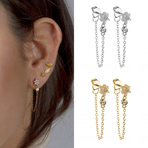 Personalized Flower Inlaid Zirconia Stud Earrings With Long Chain Tassel Copper Gold Silver Plated Fashion Jewelry For Women