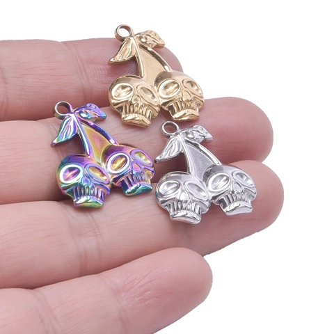 Gothic Schedel Kers Hanger Halsketting Voor Dames Heren Roestvrij Staal Schedel Kers Charme Sieraden Goud Regenboog Zilver Plated