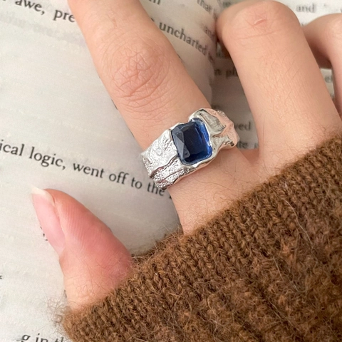 925 Sterling Silver Ring Rectangular Blue Gemstone Irregular Molten Texture Adjustable Open Band Minimalist Jewelry