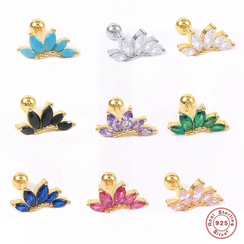 Marquise Zircon Crown Flower Ear Cartilage Stud 925 Sterling Silver Piercing Screw Back Mini Earring For Women