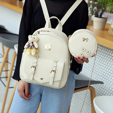 Zaino Da Donna E Borsa A Tracolla Rotonda Con Portafoglio Pelle PU Decoro Floreale Ciondolo Orso Moda Viaggio