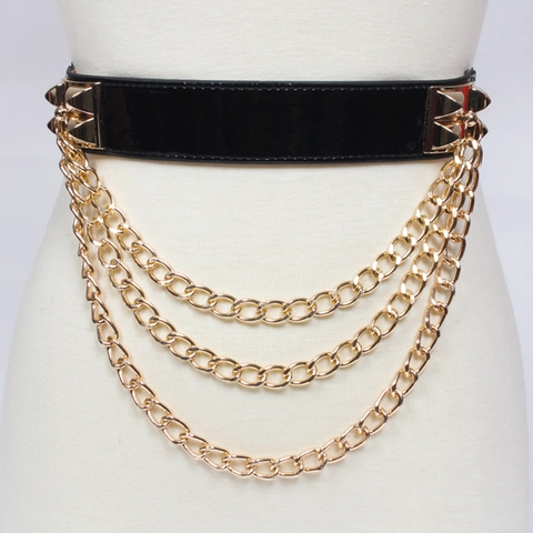Women Wide Corset Belt Elastic Faux Leather Punk Rivets Triple Layer Gold Metal Chains Fashion Waist Cinch For Dresses
