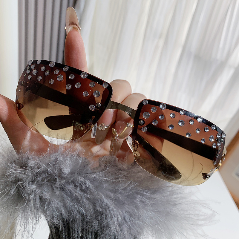 Wholesale Rimless Oversized Sunglasses with Rhinestone Gradient Lens - Everful