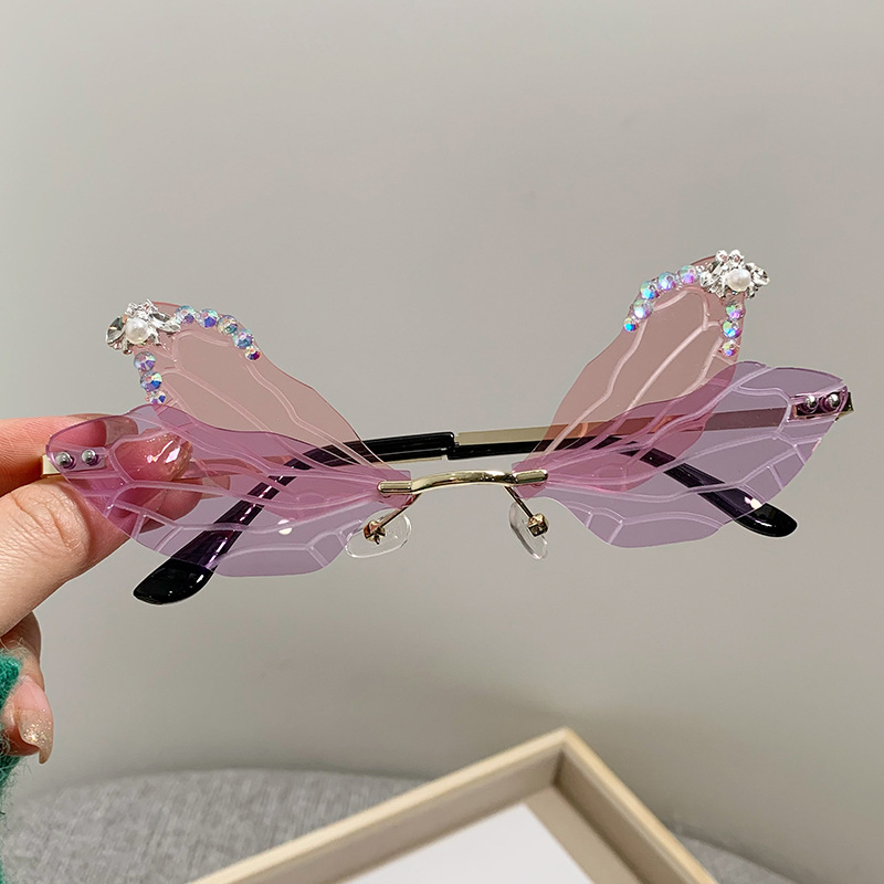 Wholesale Rimless Metal Dragonfly Wing Sunglasses with Rhinestone Pearl Decor - Everful