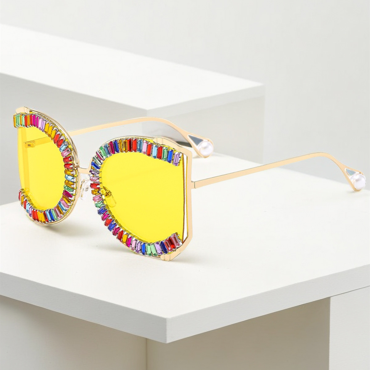 Wholesale Oversized Square Sunglasses with Rhinestone and Faux Pearl - Everful