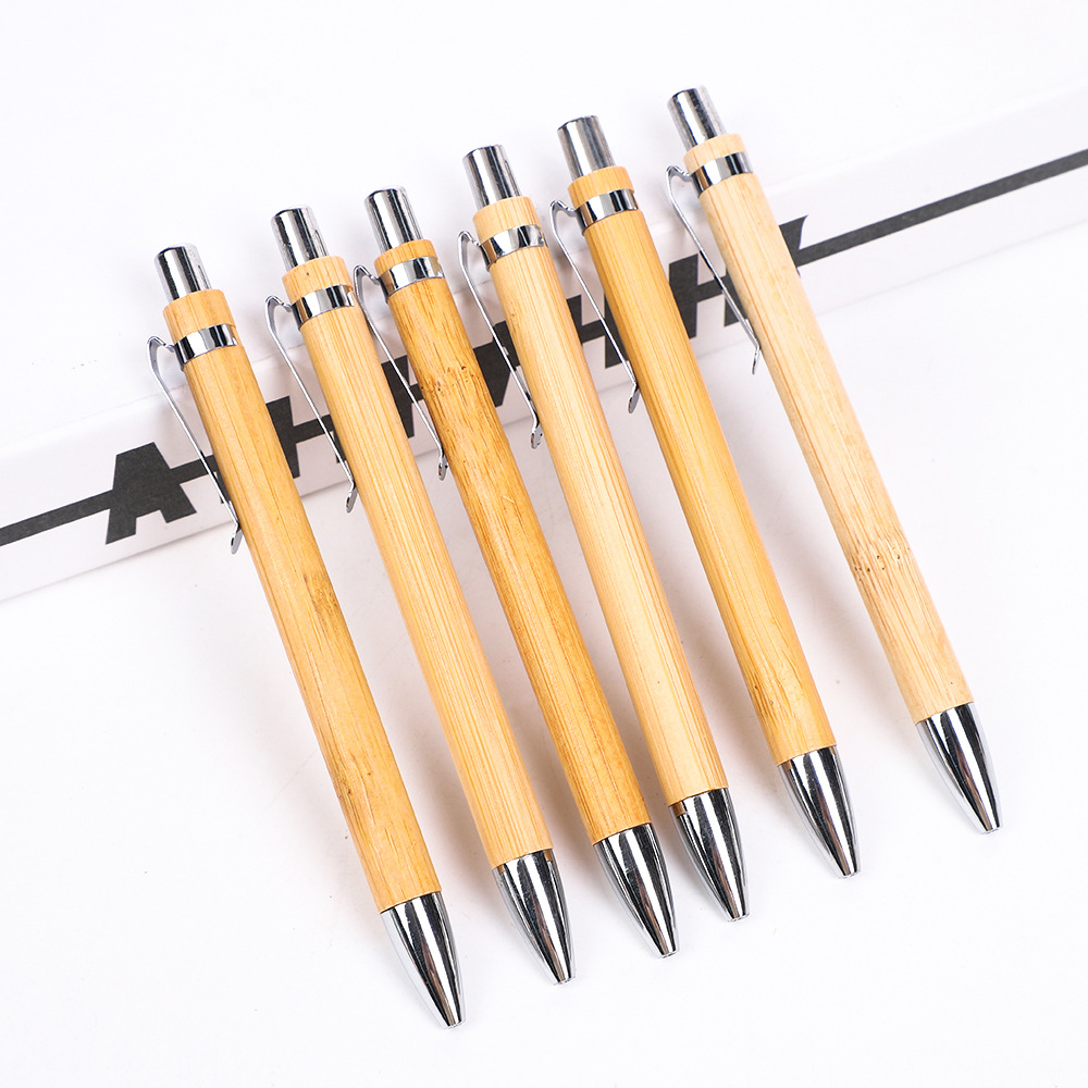 Eco Friendly Bamboo Retractable Ballpoint Pen Natural Wood Texture Click Writing Pen with Silver Metal Clip for Office School