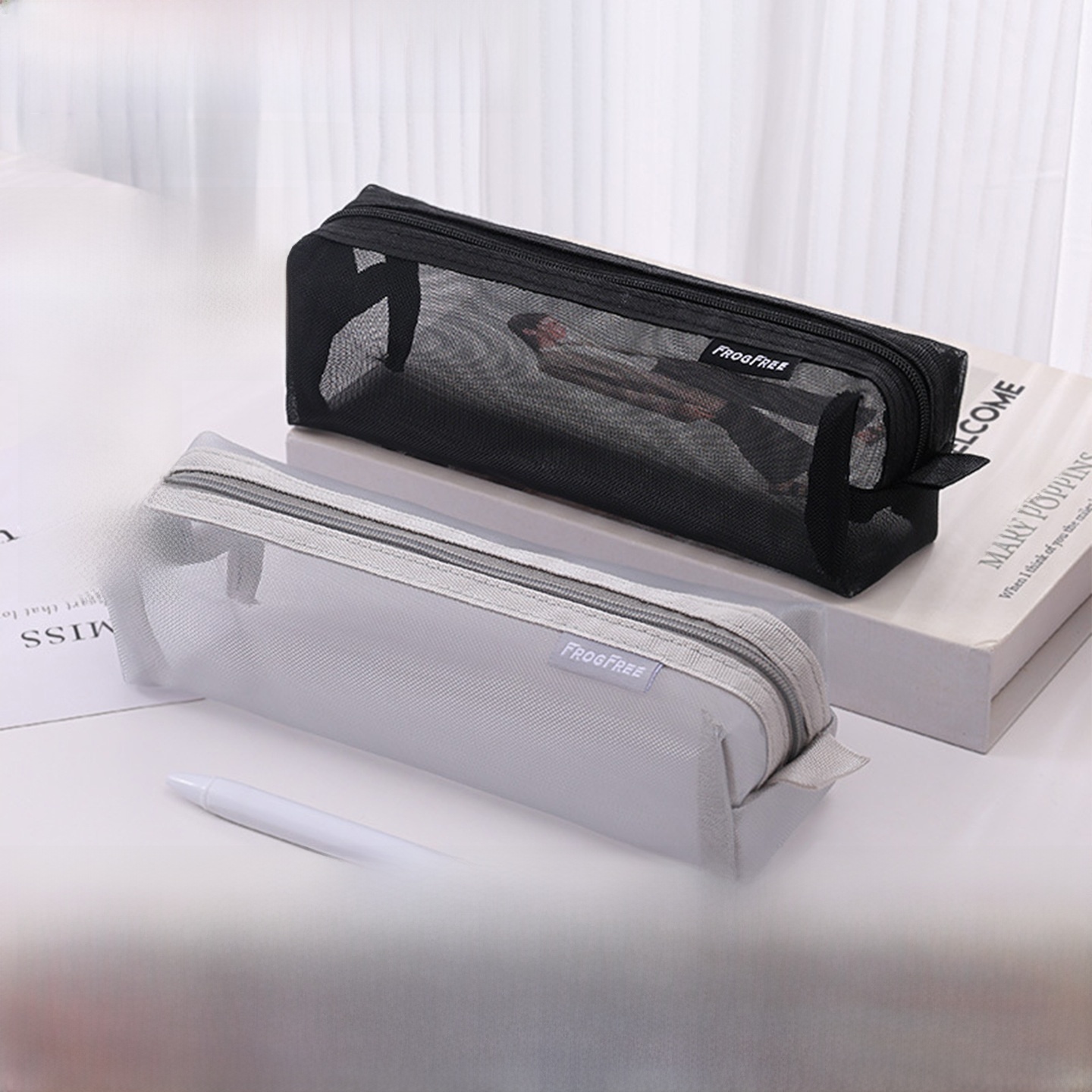 Transparent Nylon Mesh Pencil Case Large Capacity Stationery Bag Zipper Pen Organizer For School Office Students General