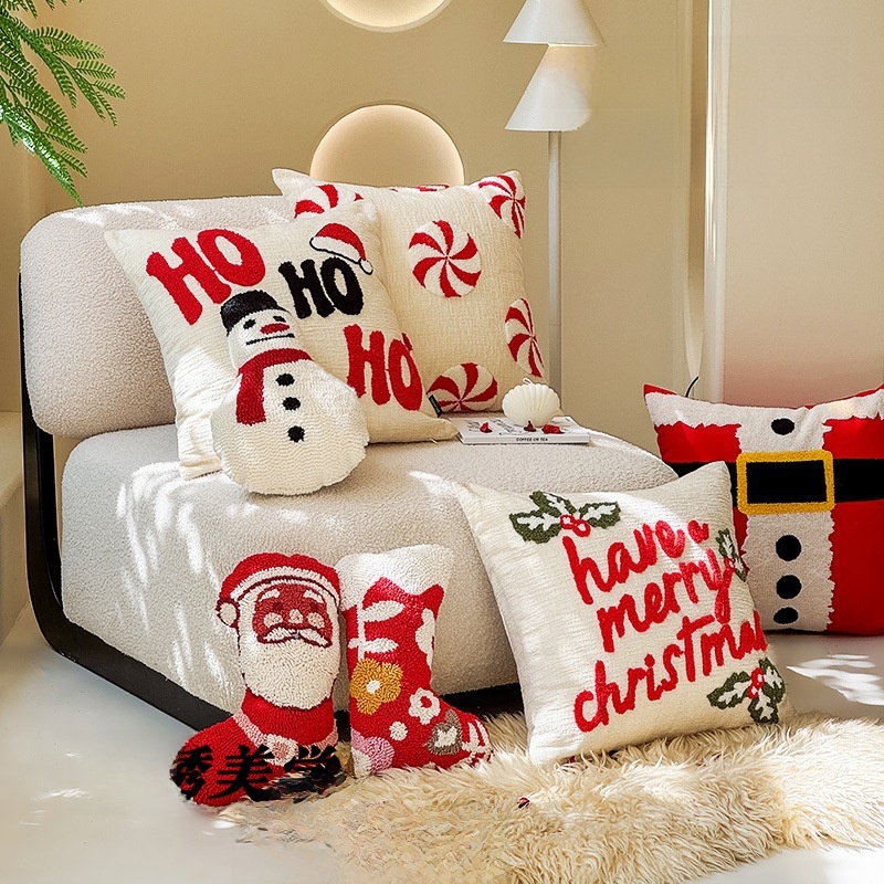 Christmas Embroidered Tufted Cushion Cover Chenille Velvet Square Pillow Case Santa Snowman Reindeer Holiday Decor For Sofa Couch Home