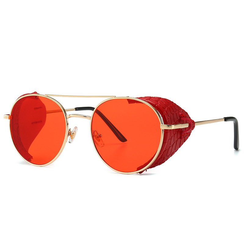 Wholesale Steampunk Round Metal Sunglasses With Leather Side Shields - Everful