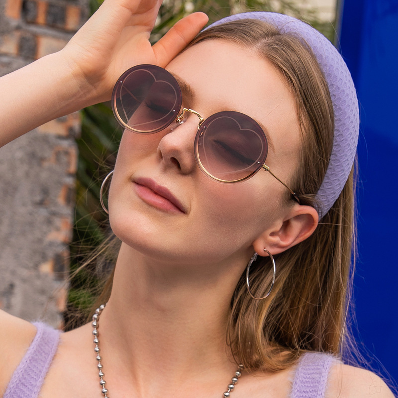 Wholesale Round Rimless Sunglasses with Heart Pattern Metal Frame For Women - Everful