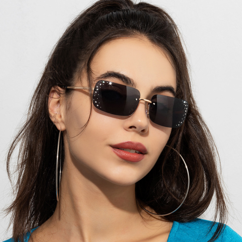 Wholesale Rimless Rectangle Sunglasses with Rhinestone Decor and Metal Frame - Everful