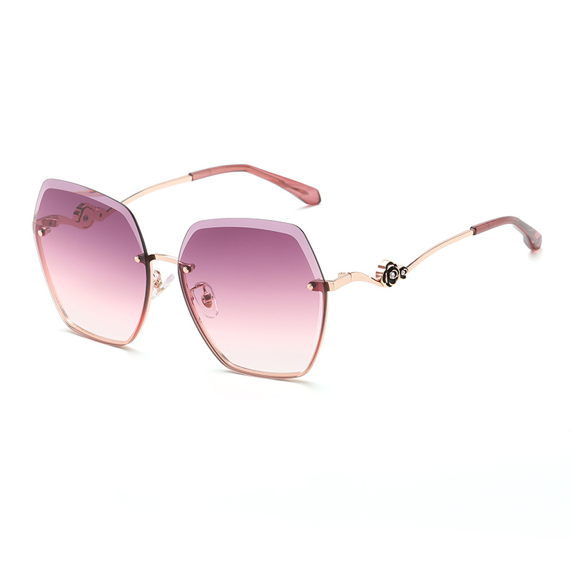 Wholesale Rimless Hexagon Sunglasses with Rose Flower Metal Temple - Everful