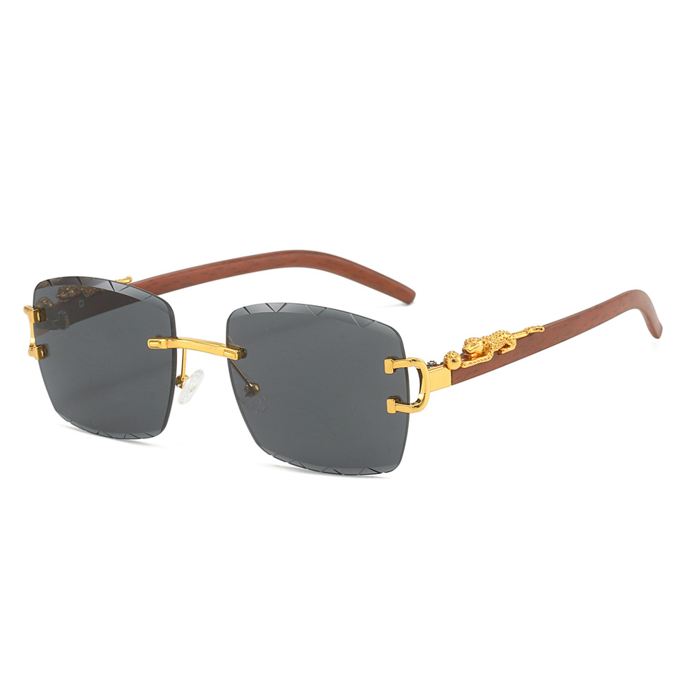 Wholesale Rimless Diamond Cut Sunglasses With Wood Grain Temple - Everful
