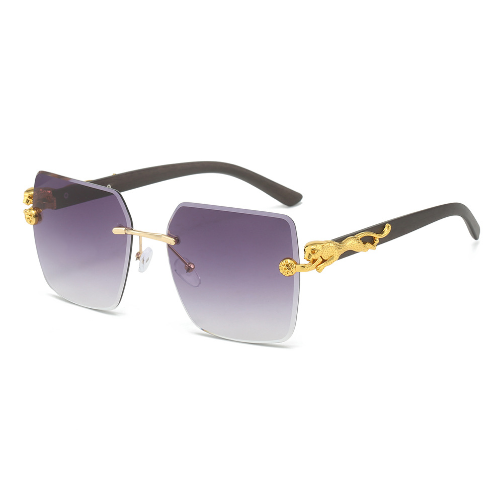 Wholesale Rimless Metal Leopard Sunglasses with Wood Grain Temple - Everful