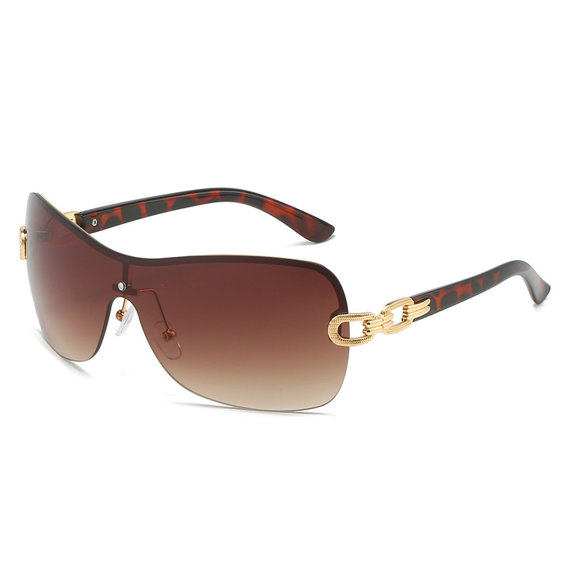 Wholesale Oversized Rimless Shield Sunglasses With Metal Chain Temple For Women - Everful