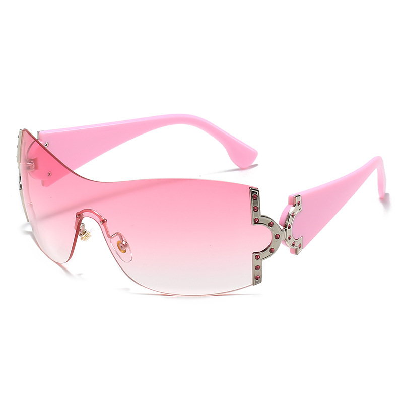Wholesale Oversized Shield Sunglasses with Rhinestone Rimless Metal Frame - Everful