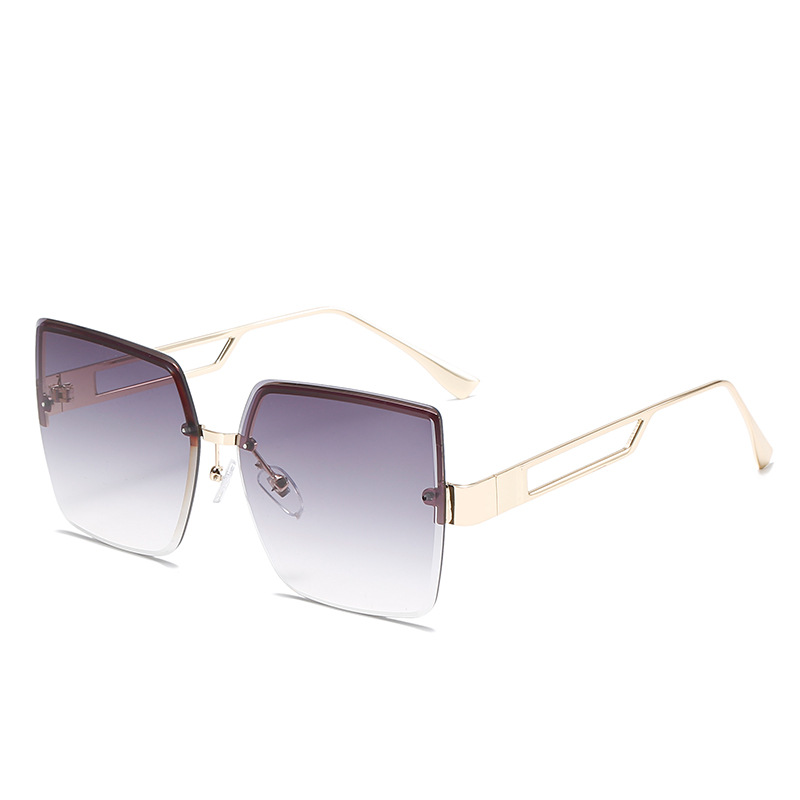 Wholesale Oversized Square Rimless Sunglasses Gold Metal Hollow Temple - Everful