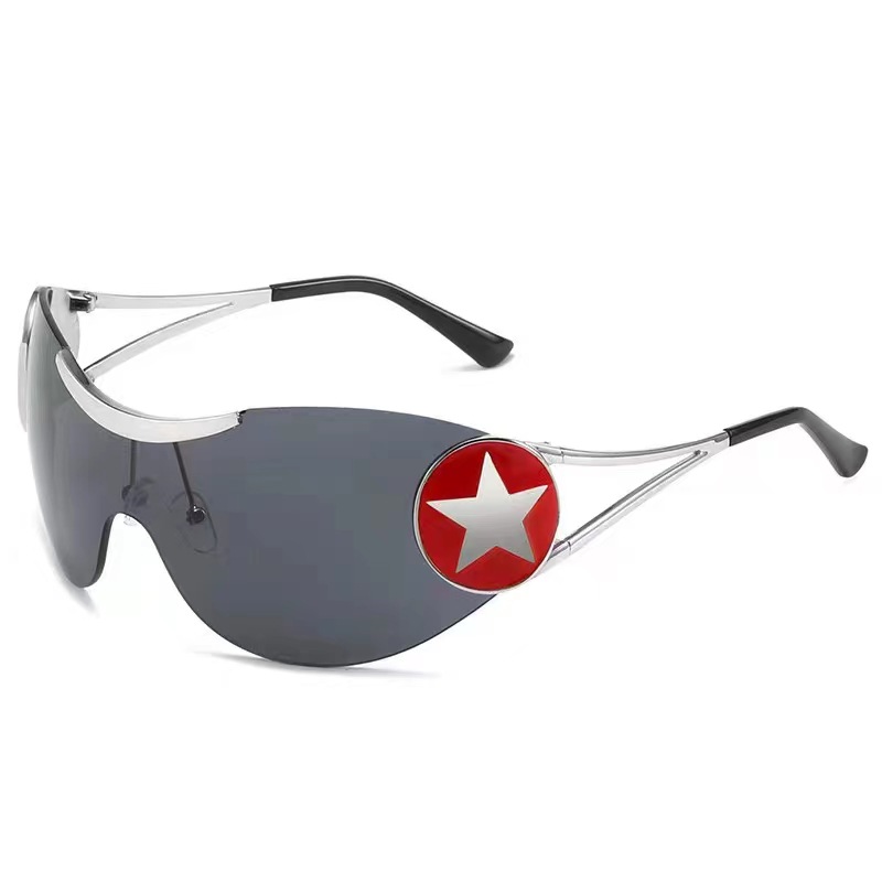 Wholesale Wrap Around Shield Sunglasses Y2K Punk Metal Frame Star Decor - Everful