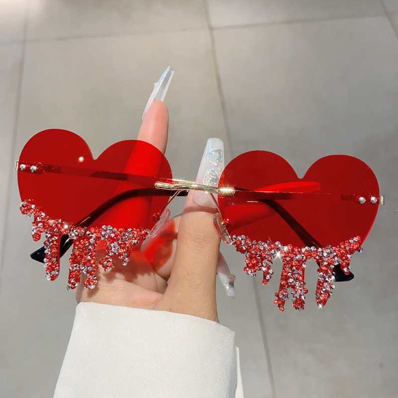 Wholesale Heart Shaped Rimless Sunglasses With Rhinestone Drip For Women - Everful