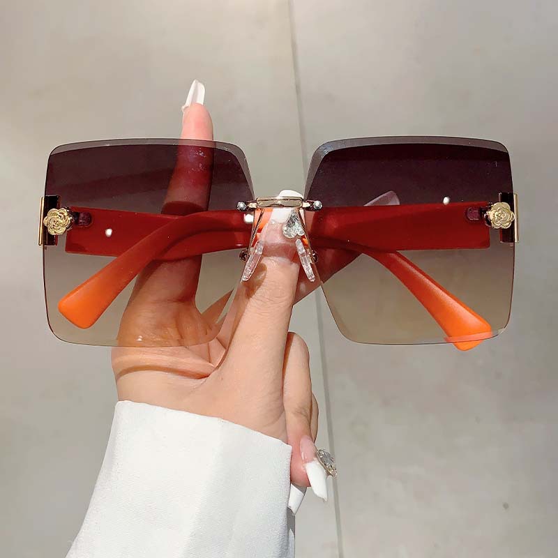 Wholesale Rimless Oversized Square Sunglasses With Metal Rose Decor - Everful