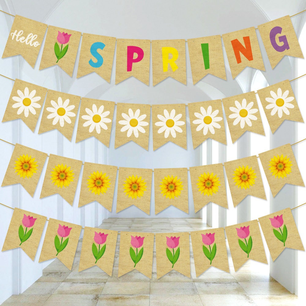 Hello Spring Burlap Banner Rustic Sunflower Daisy Tulip Floral Garland For Birthday Party Home Decoration Bunting