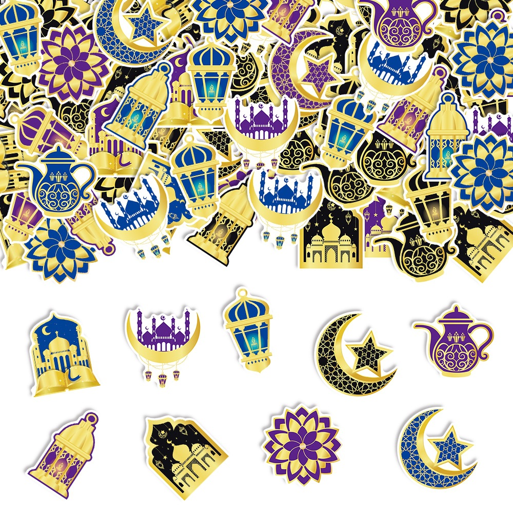 Ramadan Eid Mubarak Party Table Confetti Decorations Gold Purple Blue Moon Star Mosque Lantern Paper Scrap Confetti