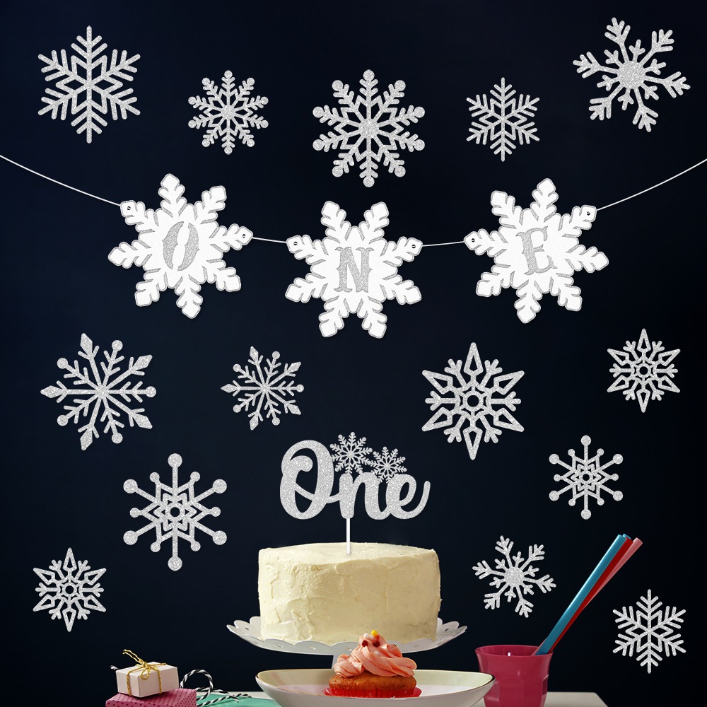 Silver Glitter Snowflake First Birthday Decoration Set With ONE Banner Cake Topper Winter Wonderland Party Supplies