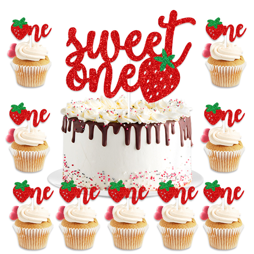 Strawberry Theme Sweet One First Birthday Cake Topper Set Glitter Paper And Paper Stick Party Cake Decoration Supplies