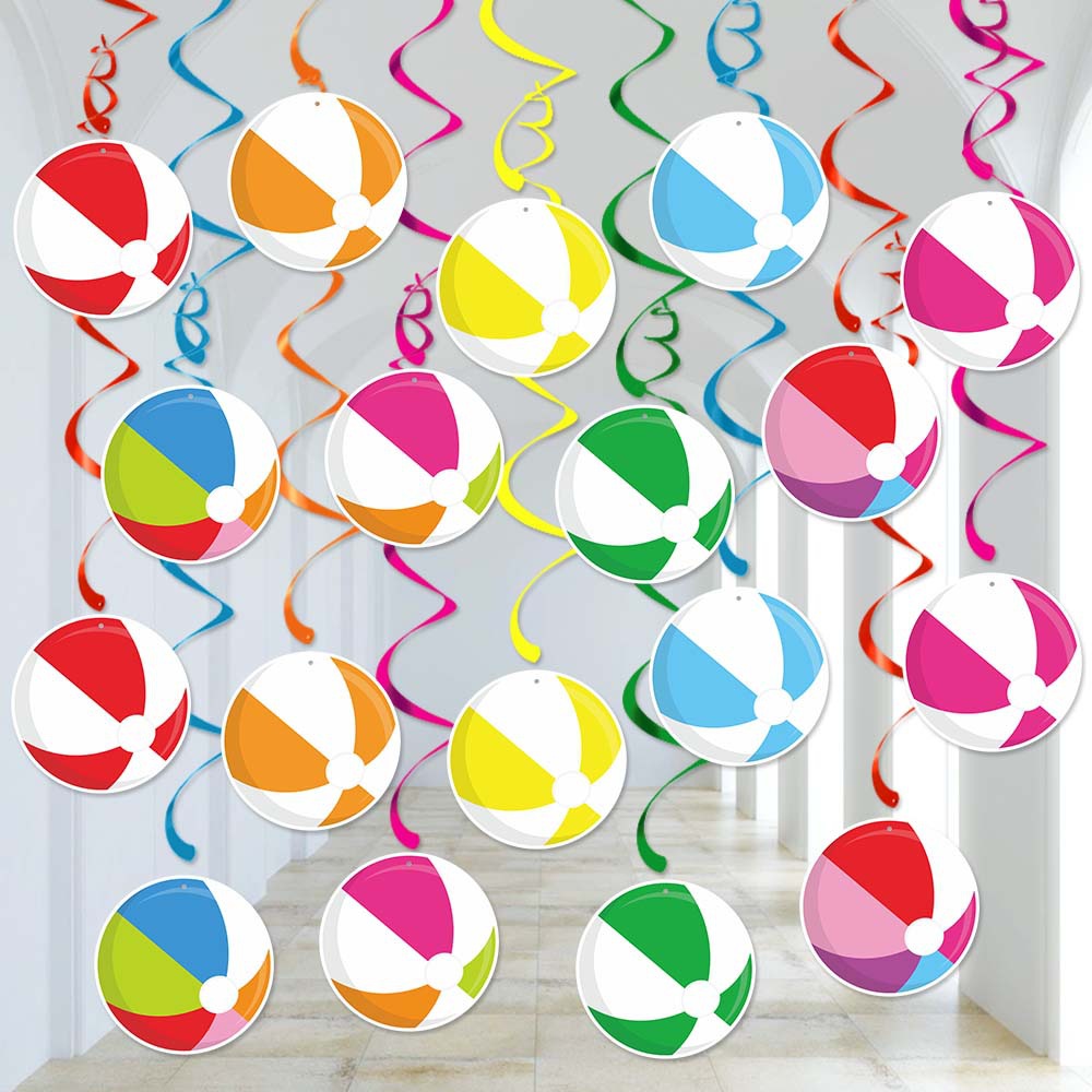 Tropical Hawaii Beach Party Hanging Swirl Decorations Volleyball Beach Ball PVC Spiral Paper Card For Summer Birthday Event