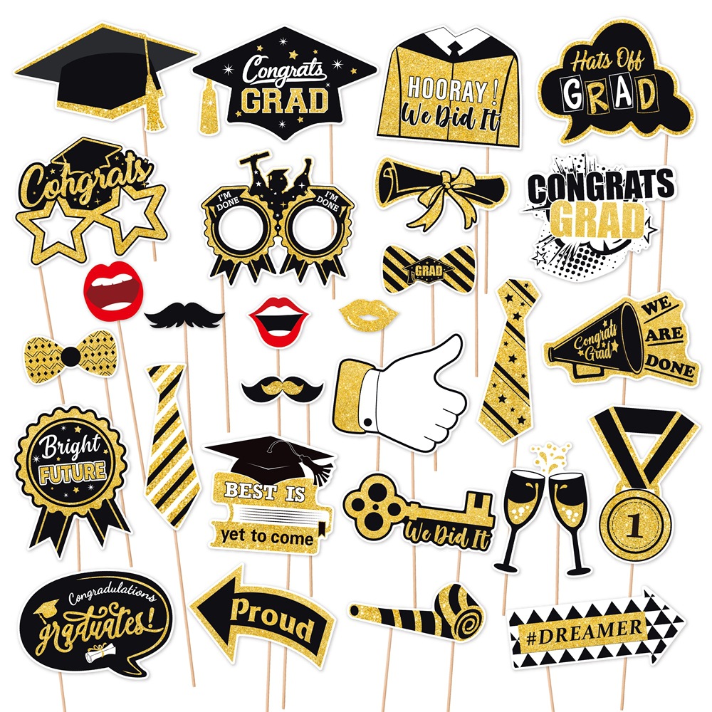 Graduation Photo Booth Props Cardboard Black Gold Glitter Party Decorations Ceremony Supplies For Students Class Reunion