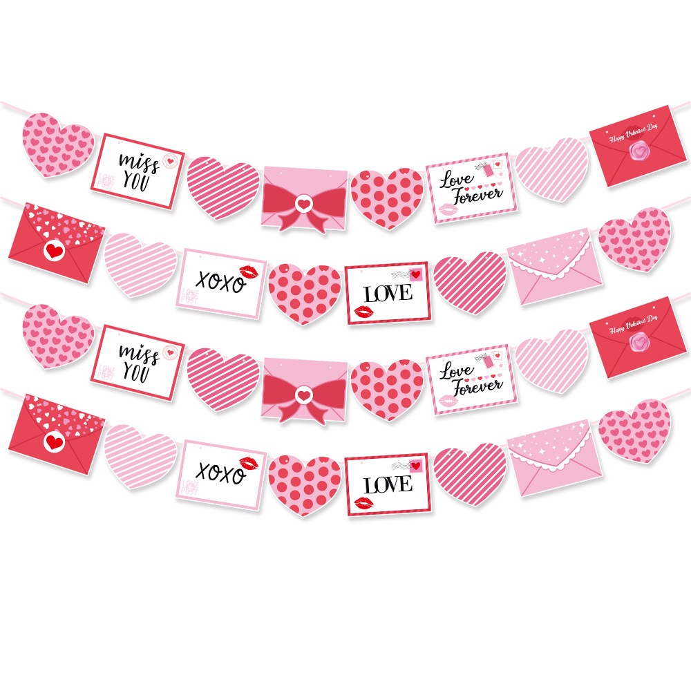 Valentine's Day Heart Banner Paper Garland With Miss You Love Forever Lettering Envelope Design For Wedding Party Proposal Dating Decoration Romantic Pink Red White Decor