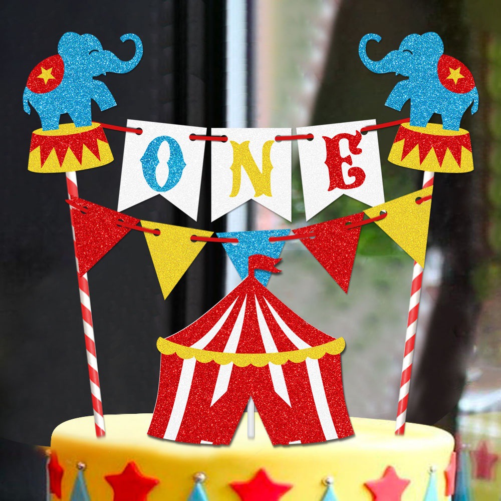 Circus Carnival Theme Cake Topper Set Glitter Paper Elephant Tent One Banner First Birthday Decorations For Kids Party