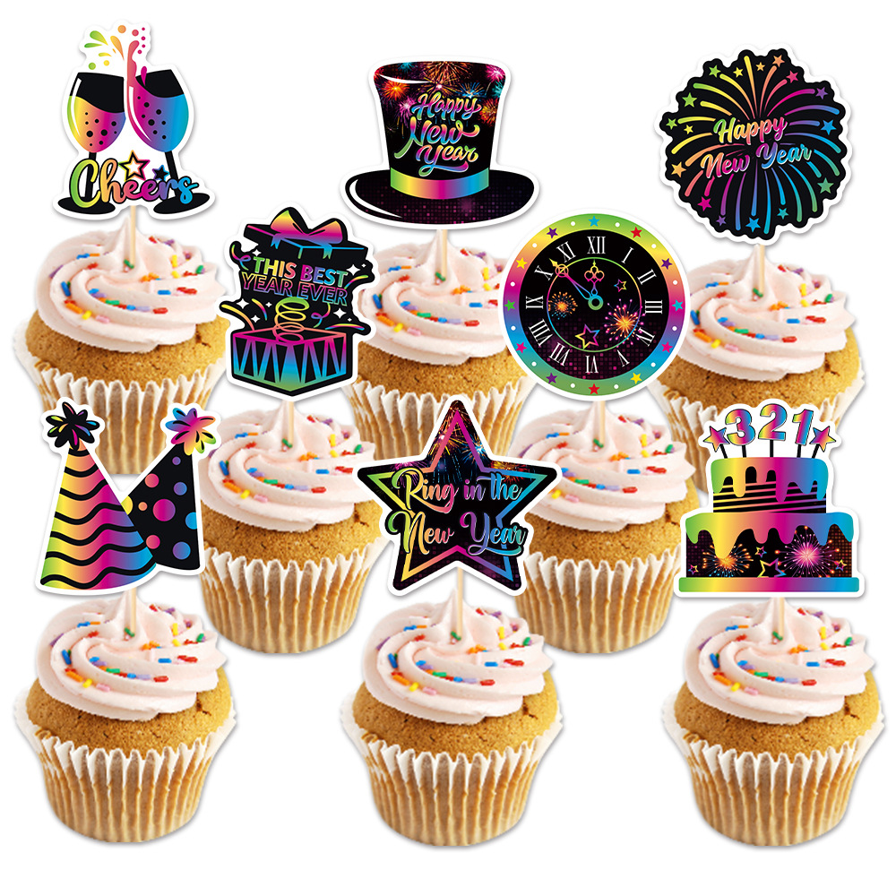 Happy New Year Paper Cake Toppers With Bamboo Sticks Rainbow Gradient Cupcake Toppers For New Year Eve Party Decor