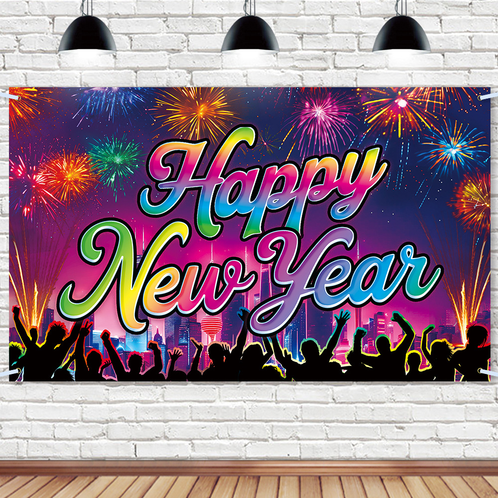 Happy New Year Backdrop Banner Polyester Colorful Fireworks City Skyline For 2026 New Year Eve Party Photography Background Decoration