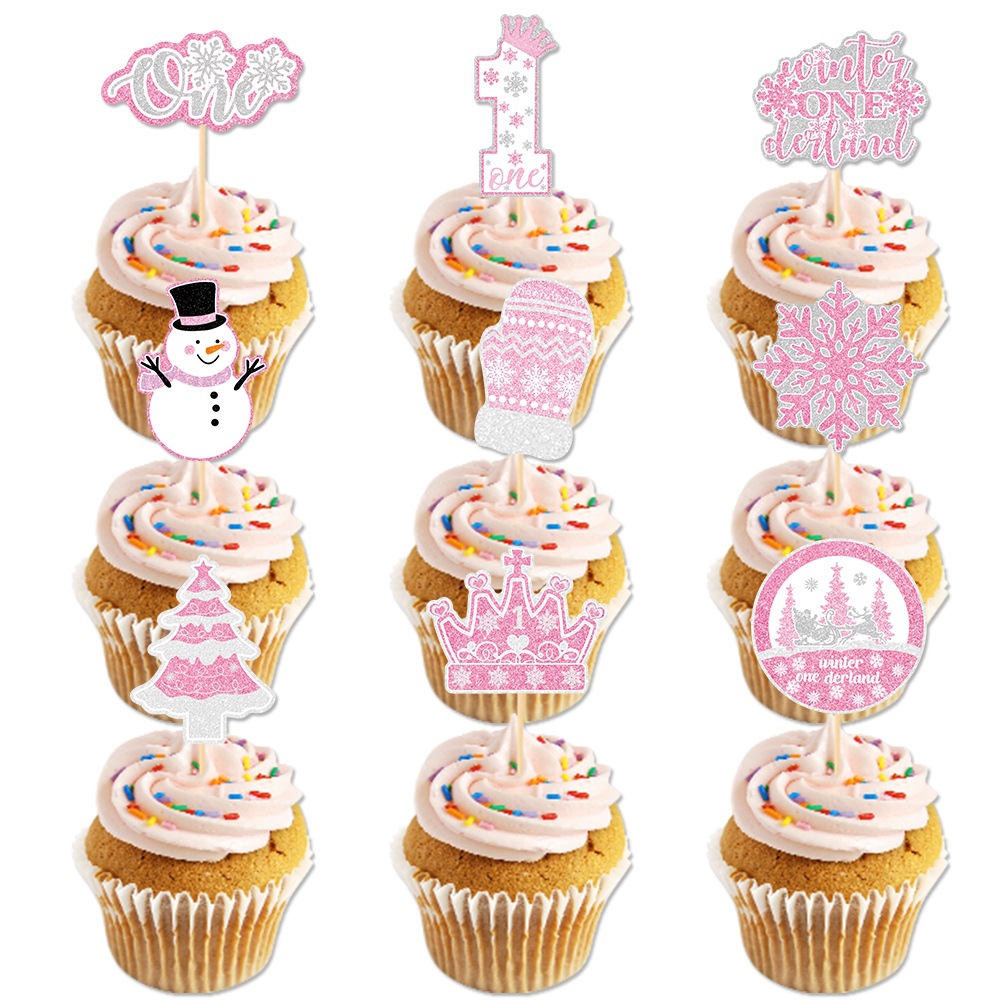 Winter ONEderland First Birthday Cupcake Toppers Glitter Pink Silver Snowman Snowflake Christmas Tree Cake Decoration For Baby Girl Party Supplies