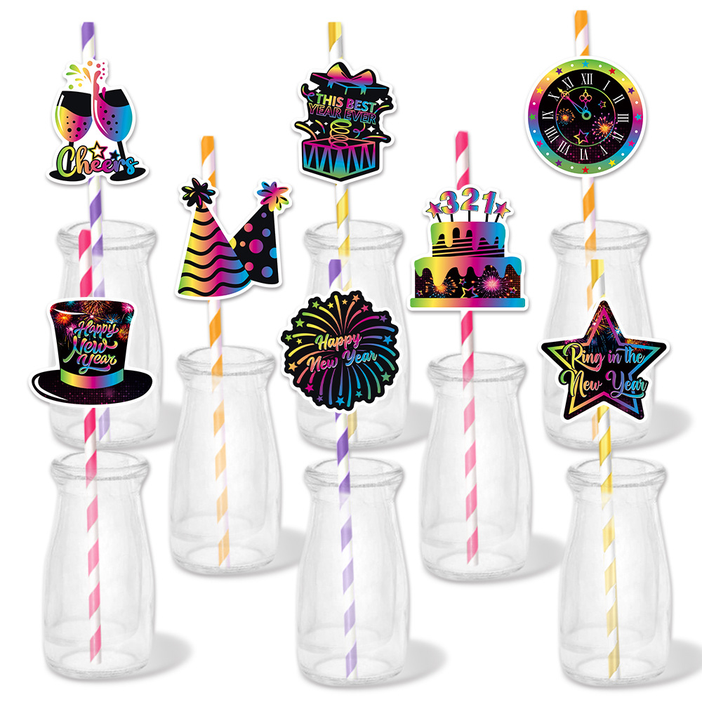 New Year Party Straw Toppers Paper Rainbow Gradient Cheers Happy New Year Drink Decoration For Celebration Party Set