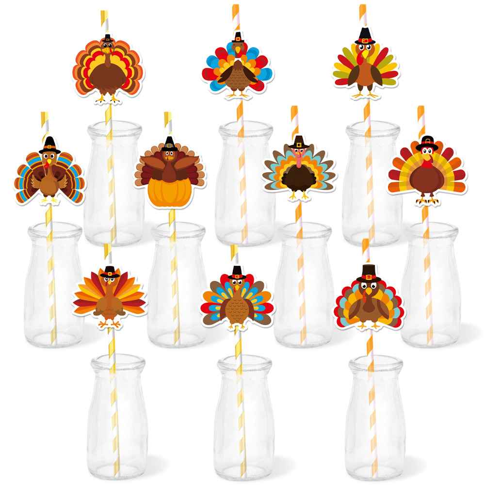 Thanksgiving Cartoon Turkey Cardstock Straw Inserts Decorative Striped Paper Straws For Fall Birthday Party Celebration