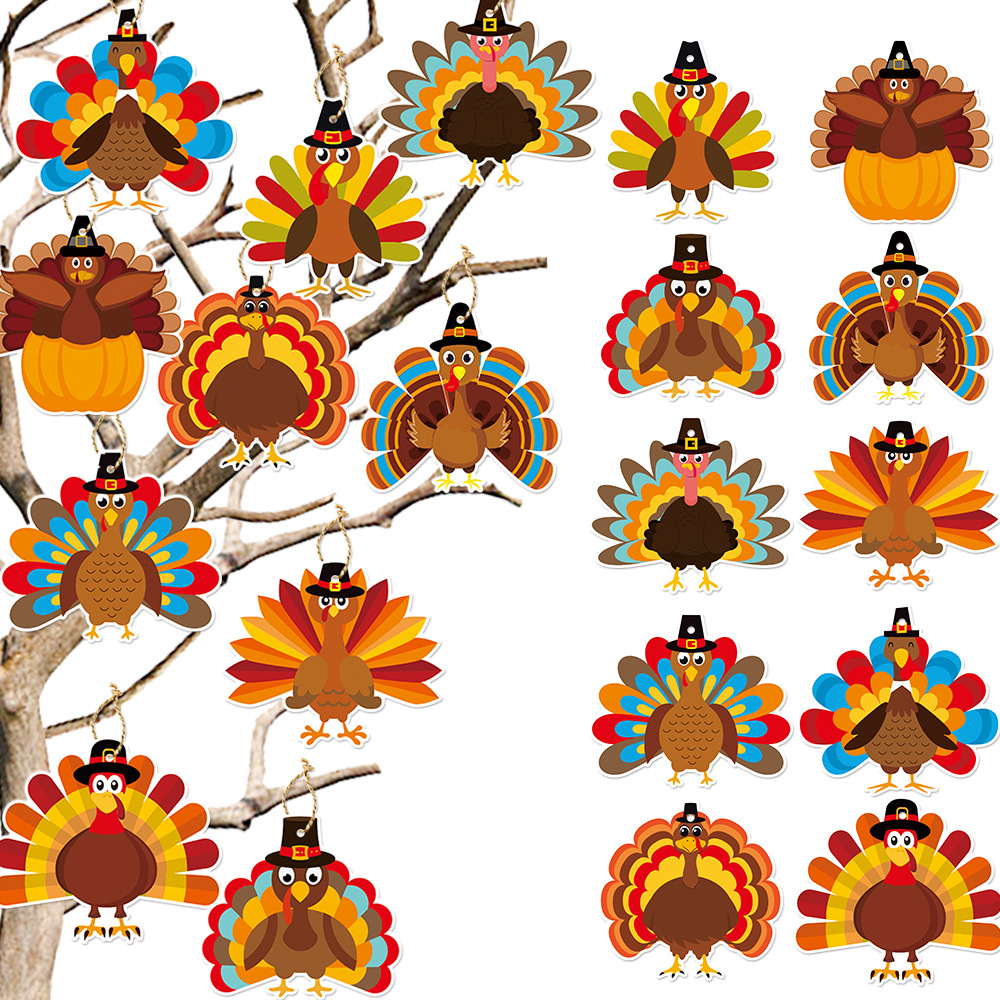 Thanksgiving Turkey Paper Tags With Hemp Rope Cartoon Pilgrim Turkey Hanging Ornaments For Autumn Harvest Party Decoration