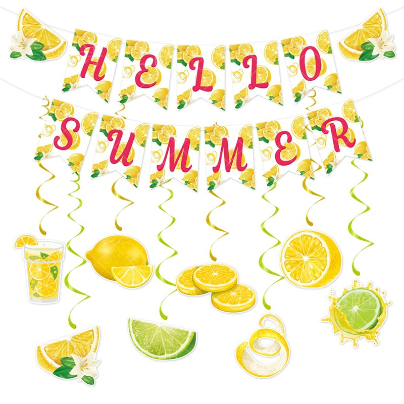 Hello Summer Lemon Party Decoration Set Paper Banner And Hanging Swirls For Tropical Luau Summer Holiday Party Decor