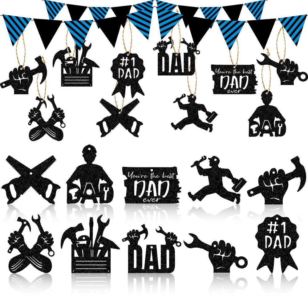 Black Glitter Paper Tools Design Father's Day Hanging Tags With Hemp Rope For DIY Party Decoration Best Dad Ever Ornaments